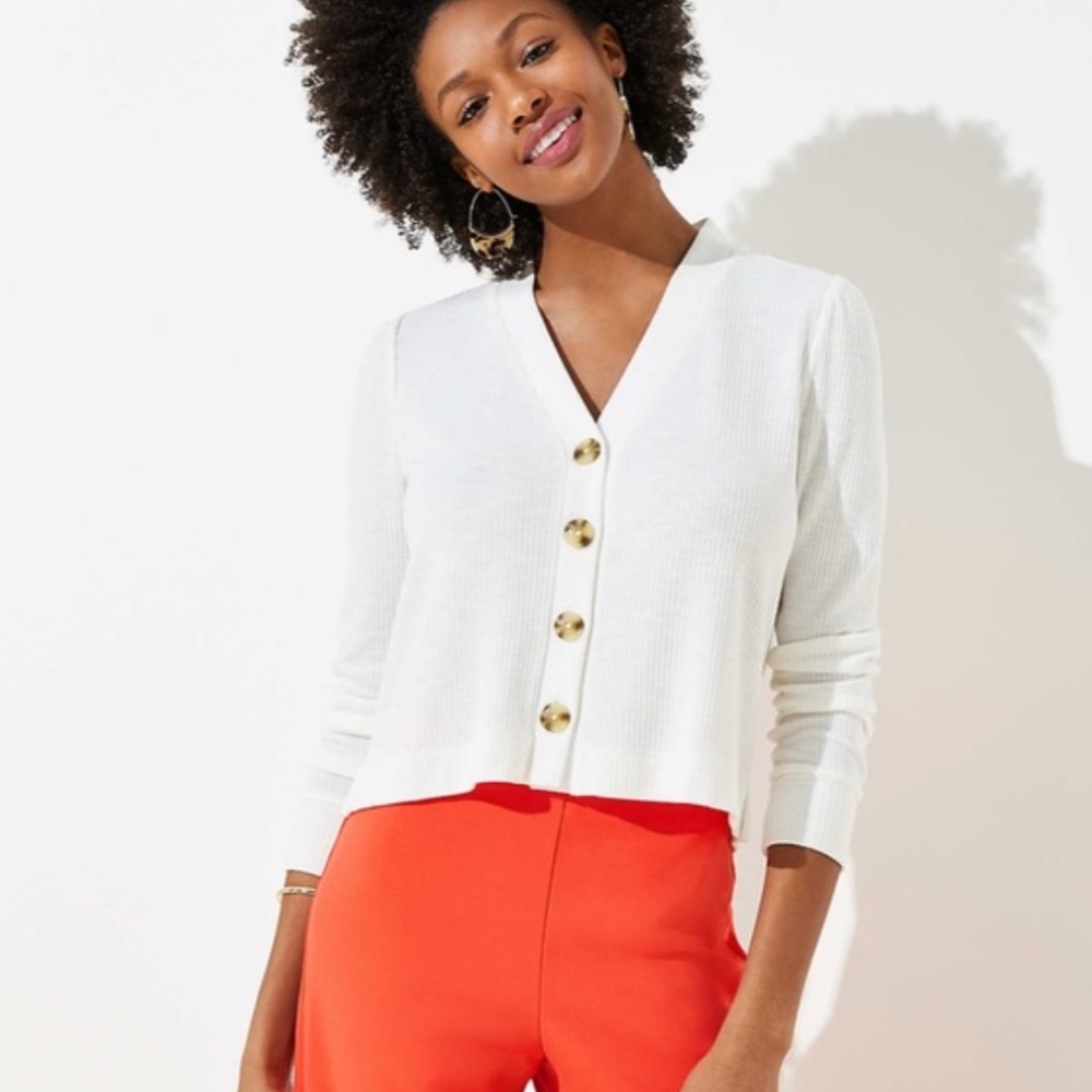 LOFT CROPPED CARDIGAN TOP WHISPER WHITE SIZE M NWT